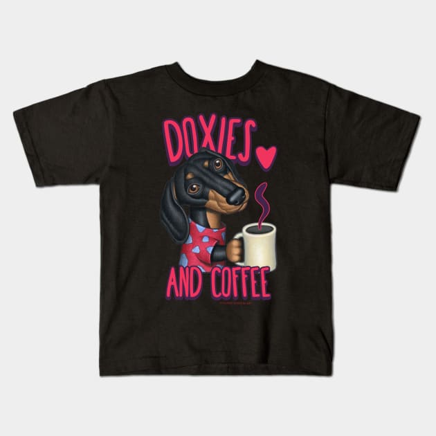 Cute funny doxie drinking coffee Dachshund fur baby java cup of tee Kids T-Shirt by Danny Gordon Art